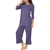 GYS Bamboo Viscose Capri Pajamas for Women Set, 3/4 Sleeve Long Shirts and Capri Pants Lounge Sets, Soft Sleepwear PJs Set