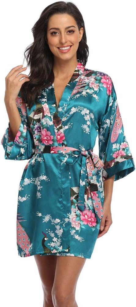 Women's Short Kimono Robe Floral Bathrobe Bridesmaids Robes Satin Dressing Gown