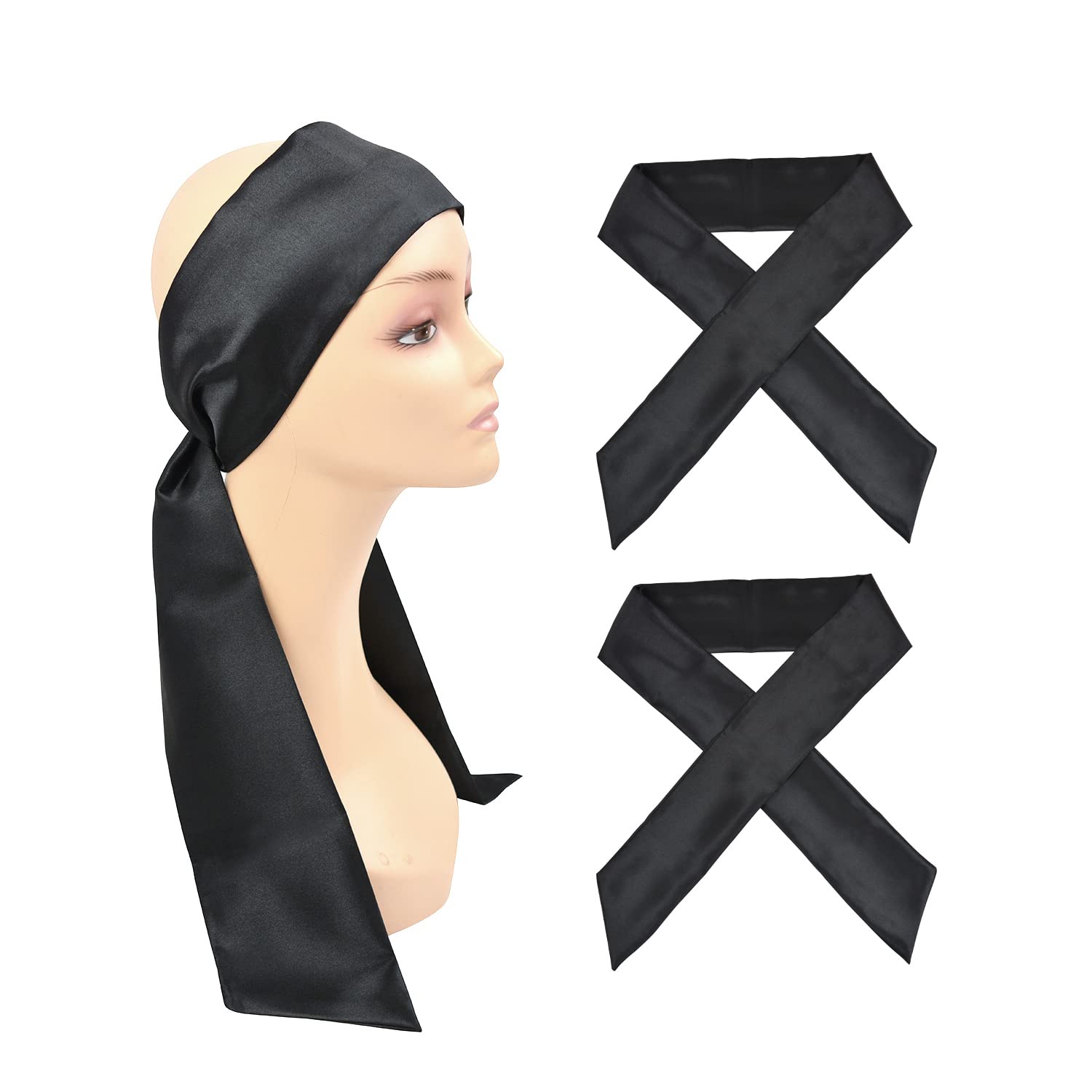 Satin Scarves for Lace Front Wigs Keep Wig Secured Silk Headband for Sports Yoga Facial (2 Pieces，Black)