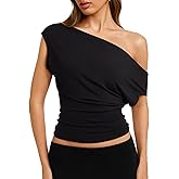 REORIA Womens 2026 Summer Cute Short Sleeve Tee Shirts Asymmetrical Cinched Waist Casual Loose Off The Shoulder Tops