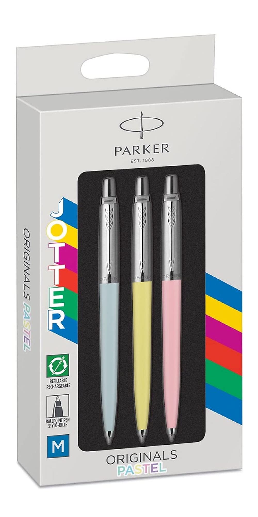 Parker Jotter Originals Ballpoint Pen Pastel Collection | Blue, Yellow & Pink 50s Finishes | Medium Point | Blue Ink | 3 Count