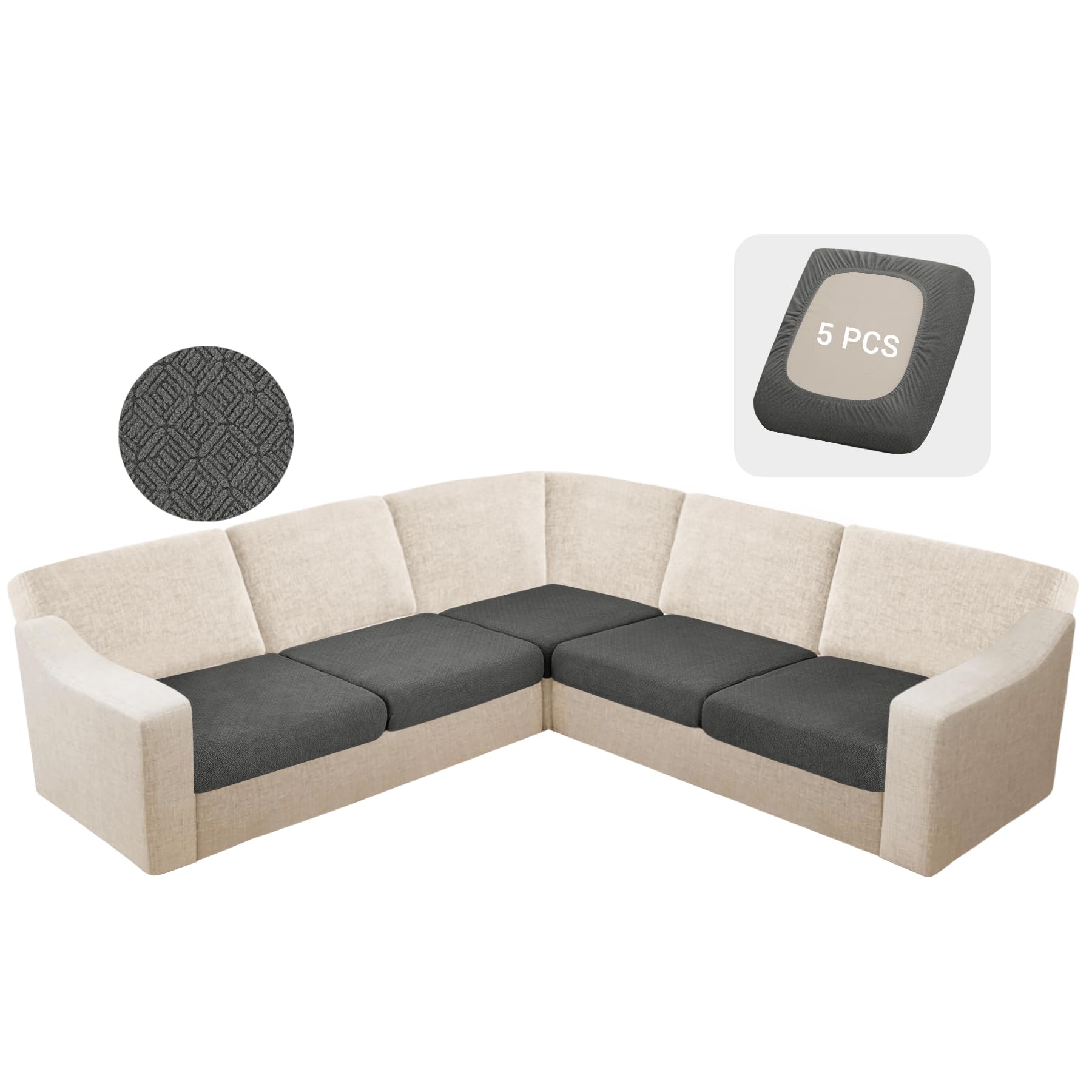 Photo 1 of HDCAXKJ Waterproof Sectional Couch Cushion Covers Stretch Corner Sofa Cushion Covers Jacquard L Shaped Slipcover Washable 5 Pieces Seat Cushion Cover U Shape Furniture Protector (5 Seater, Dark Gray)