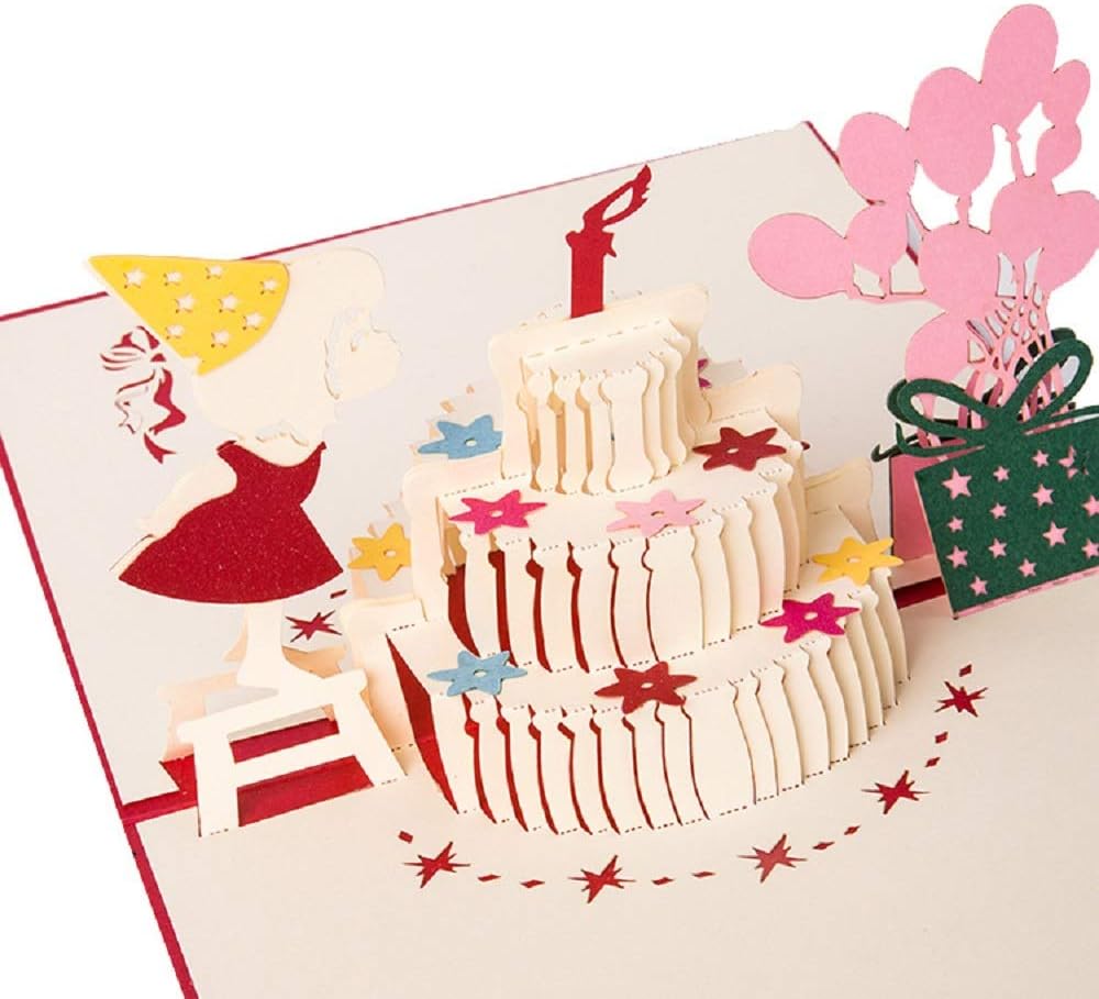 Amazon かわいい誕生日カード ポップアップバースデーカード バースデーケーキ 風船 子供 友達へのプレゼント お祝い 封筒付き グリーティングカード 文房具 オフィス用品