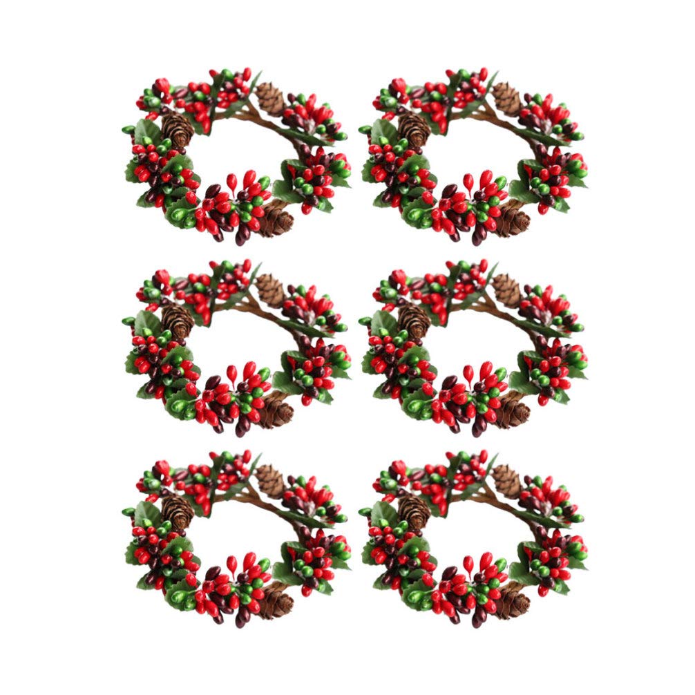 Amosfun 6pcs Christmas Candle Rings Red Berry Candle Rings Wreaths With Pine Cones For Pillars Christmas Table Decorations Centerpieces (Red and Green)