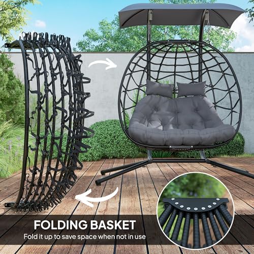Outsunny Double Hanging Egg Chair with Canopy, Foldable Wicker Egg Swing Chair with Steel Stand, Cushion, Headrest, Indoor Outdoor Hammock Chair, 573lbs Capacity, Black