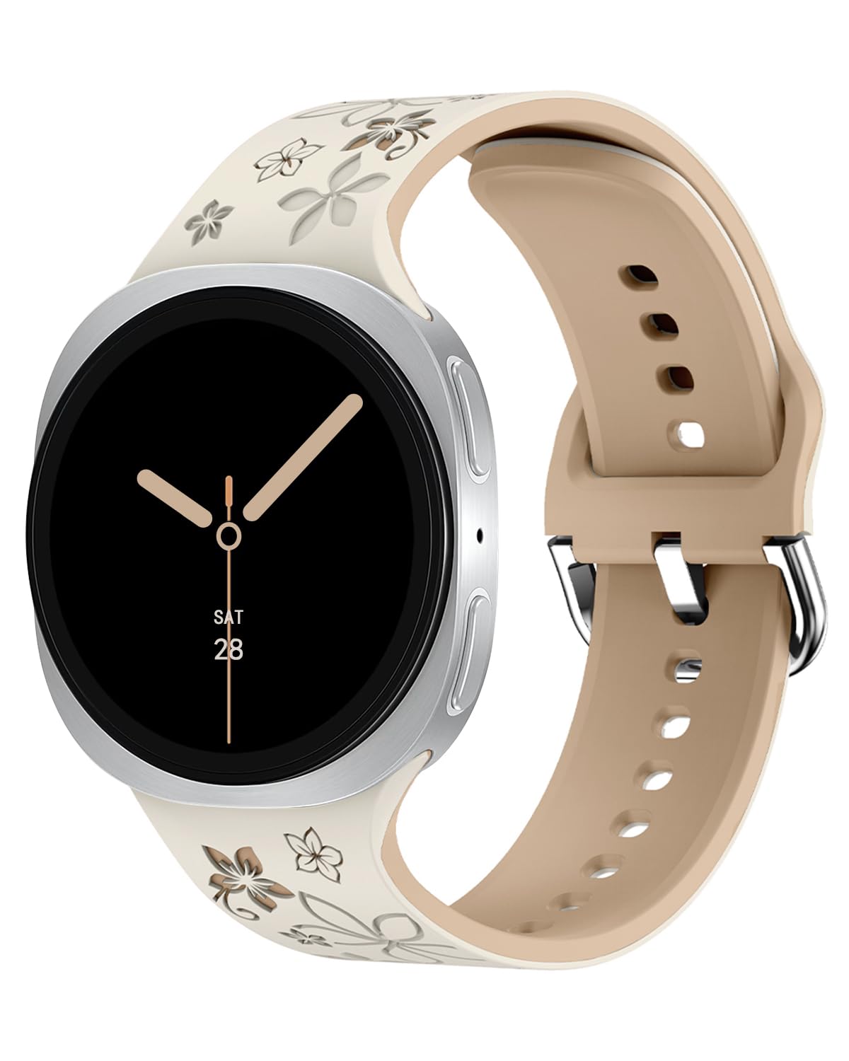 Flower Engraved Band for Samsung Galaxy Watch 8 Band 40mm 44mm/Galaxy Watch 8 Classic 46mm Bands, Silicone Cute Floral Strap Two-Tone Wristband for Samsung Watch 8/8 Classic Men Women (Starlight Milk Tea)