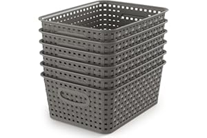 WYT Weave Storage Organizer Baskets, Grey 6-Pack Plastic Woven Baskets, 10.1" x 7.55" x 4.1"