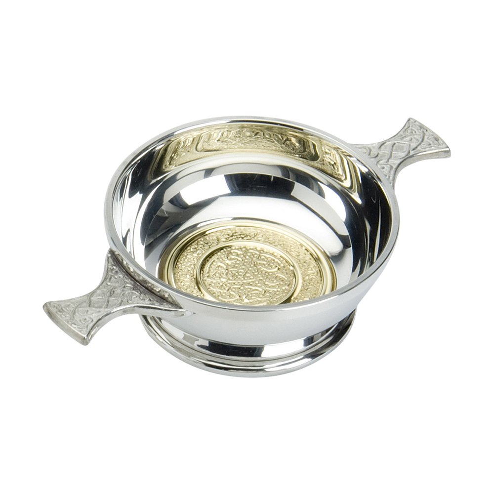 Edwin Blyde 15174 & Co Quaich with Brass Design and Celtic handles, 4 inch, Pewter, 18 x 12 x 6 cm