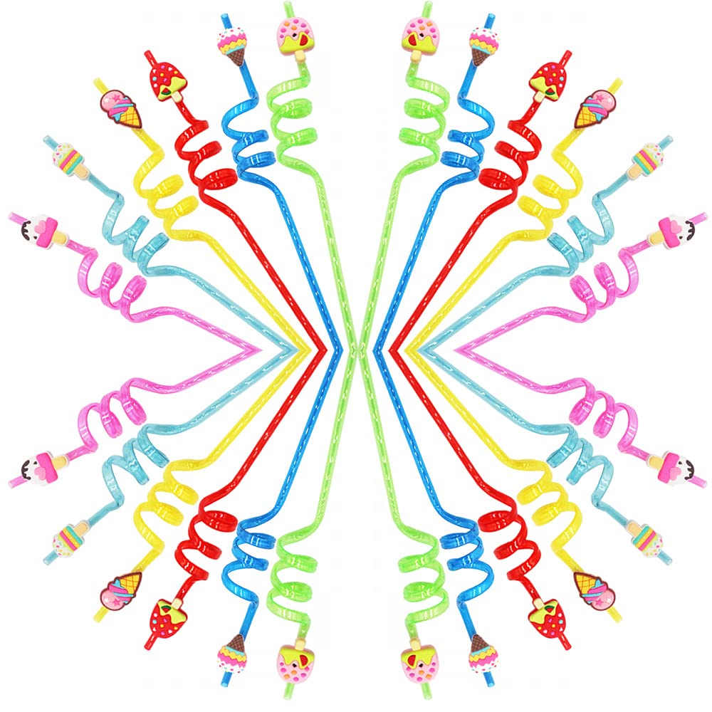 24 pcs Plastic Curly Straws for Kids, Reusable Colorful Straws with Ice Cream Cartoon Design, Drinking Straws Suitable for Christmas Party, New Year Party, Children's Birthday Party etc - Pack of 24
