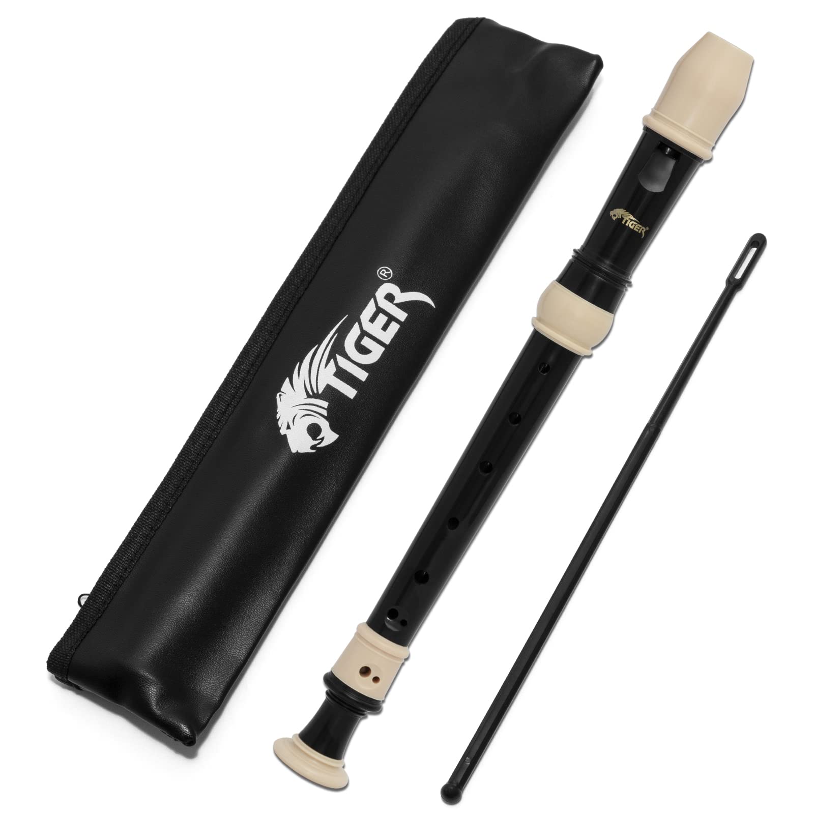 Tiger REC4-BK Soprano Descant Recorder - Three-Piece School & Beginners Recorder with Bag, Cleaning Rod and English Baroque Fingering - Black and Ivory