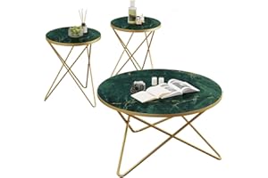 HLR Modern Round Coffee Table and Side Table Set of 3,End Table with Faux Marble Top and Gold Metal Frame, Side Table for Living Room, Bedroom, Sofa and Couch, Gold Legs, Green Marble Top
