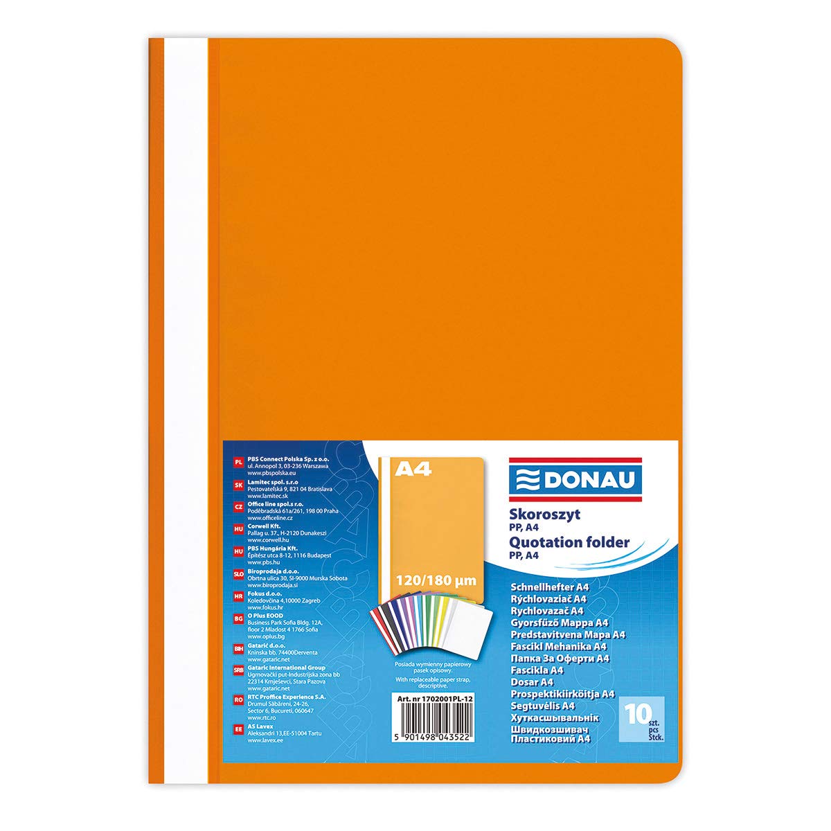 DONAU 1702001PL-12 Plastic File Folder A4 Orange/Transparent Folder Plastic Made of Eco PP Film 120/180 µm/with Transparent Cover/for Office and School/Capacity Approx. 200 Sheets | Pack of