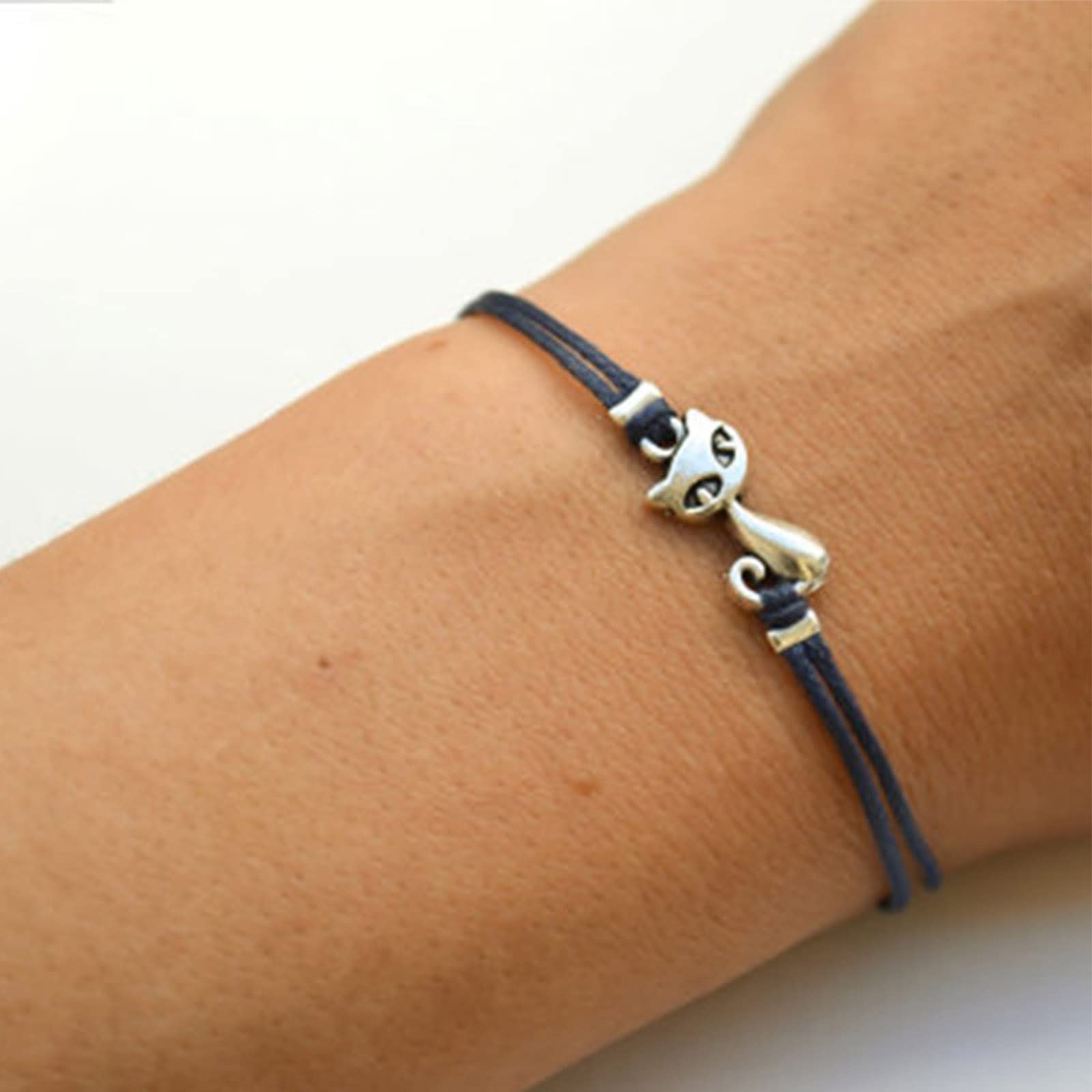 Yienate Kitty Cat Black Wish Bracelet Silver Tiny Cat Hand Chain Cute Animal Wrist Chain Dainty Kitten Pet Charm Bracelet Jewellery Gifts for Women Girls