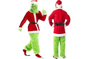 WPOZD Christmas Green Monster Costume Deluxe 7PCS for Adult Santa Furry Costume Suit Furry Adult Santa Suit Green Outfit