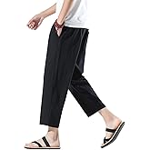 PRIJOUHE Mens Harem Pants Casual Lightweight Loose Fit Capri Pants Linen Beach Pants with Elastic Waistband