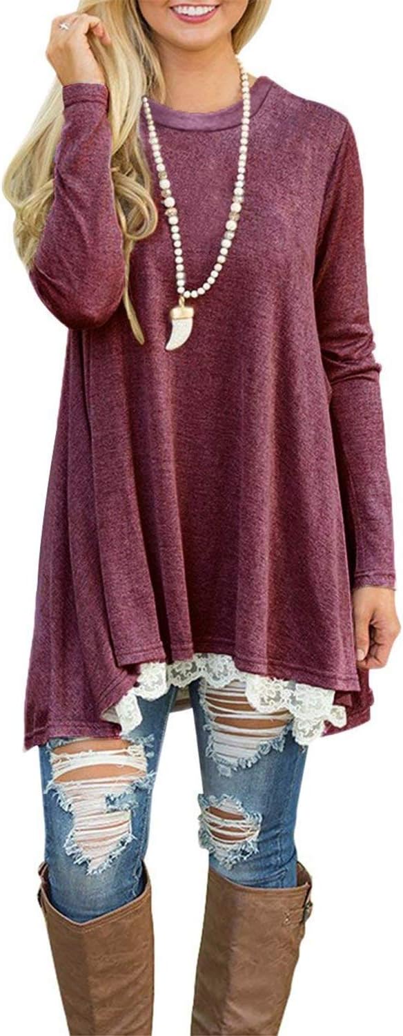 Womens Lace Casual Long Sleeve Tunic Tops Loose Blouse T Shirt