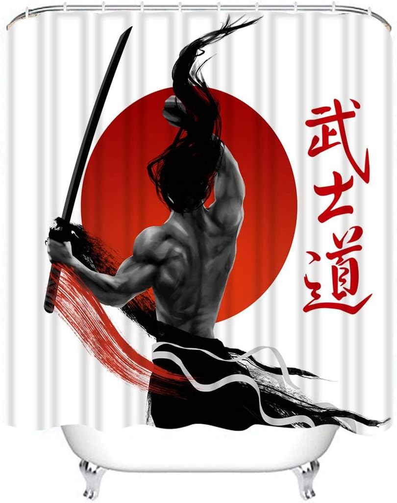 Guftay Gray Shower Curtain, Samurai Bushido Japanese Word Way Shower Curtain, Waterproof Fabric for Bathroom Decor Shower Curtains Set with Hooks, 72" X 72"