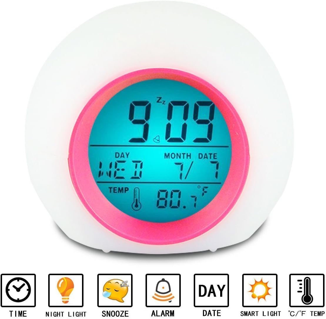 Alarm Clock for kids, INVENBER LED Wake Up Premium Digital Clock with Temperature Display & Nature Sound - 7 Colors Changing (Red)