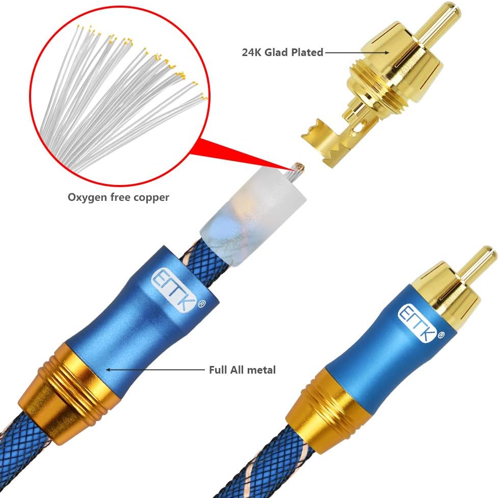 EMK RCA Subwoofer Cable Digital Coaxial Audio Cables RCA Cable Male to Male Split-tip Plug 24k Gold-Plated Nylon Braided Audio SUB Coaxial Cables for DVD Speaker - Image 4