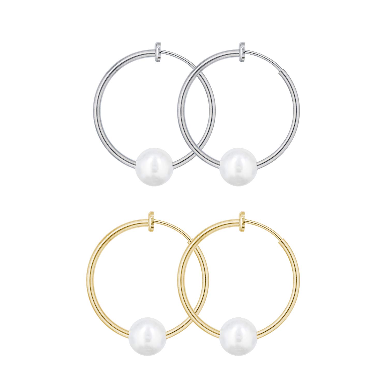 QUKE 2 Pairs Clip On Hoop Earrings Simulated Freshwater Pearl Non Pierced Ears Spring Hoops Earrings for Women Girls