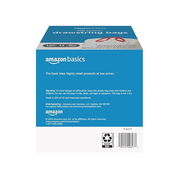 AMAZON BASICS TRASH BAGS, TALL KITCHEN DRAWSTRING, UNSCENTED, 13 GALLON, 120 COUNT, PACK OF 1
