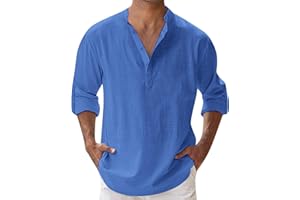 YOUYING Men's Cotton Linen Henley Shirt Long Sleeve Hippie Casual Beach T Shirt Summer Loose Lightweight Band Collar Yoga Top