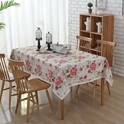 Enovaus 54x80-Inch Rose Print Rectangular Cotton and Linen Tablecloth Macrame Lace Dustproof Table Cover for Kitchen Dinning Pub Tabletop Decoration