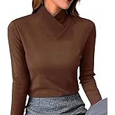 XNC Women's Fall Winter Long Sleeve Turtleneck Brown Plain T Shirts High Stretch Mock Neck Warm Underwear Pullover Fit Tees