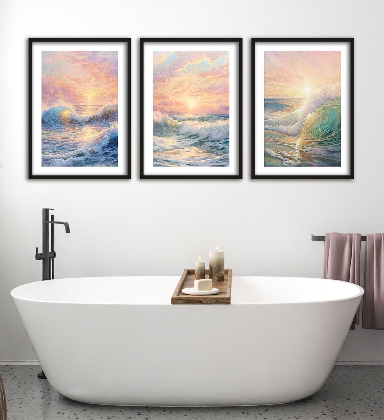 Texture Style Crashing Waves Ocean Sunrise Set of 3 Unframed Wall Poster Prints, Digitally Printed Art, Bathroom Bedroom Lounge Kitchen Home Décor, Tranquil Ocean Landscape, Soft Pastel Colours (A3) — image 1