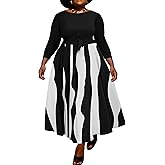 Runwind Casual Plus Size Long Maxi Dress for Curvy Women Crew Neck 3/4 Sleeve Wedding Guest Dresses with Belt & Pockets