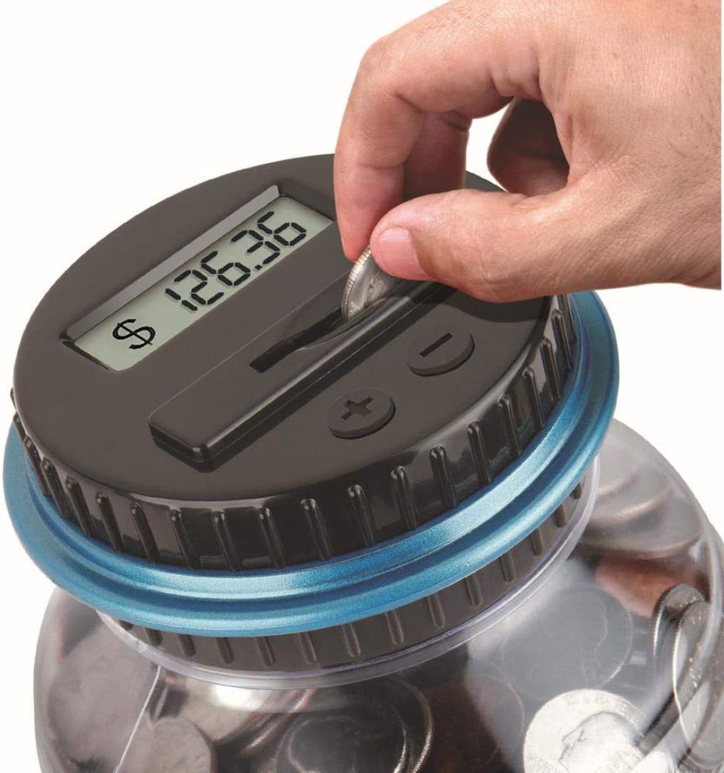 HIGHMIGOU Digital Coin Counter, Automatic Piggy Banks Saving Box Jar with LCD Display Large Capacity Including Dollars and Half Dollars for Office Kids Adults - Clear Jar (Black)