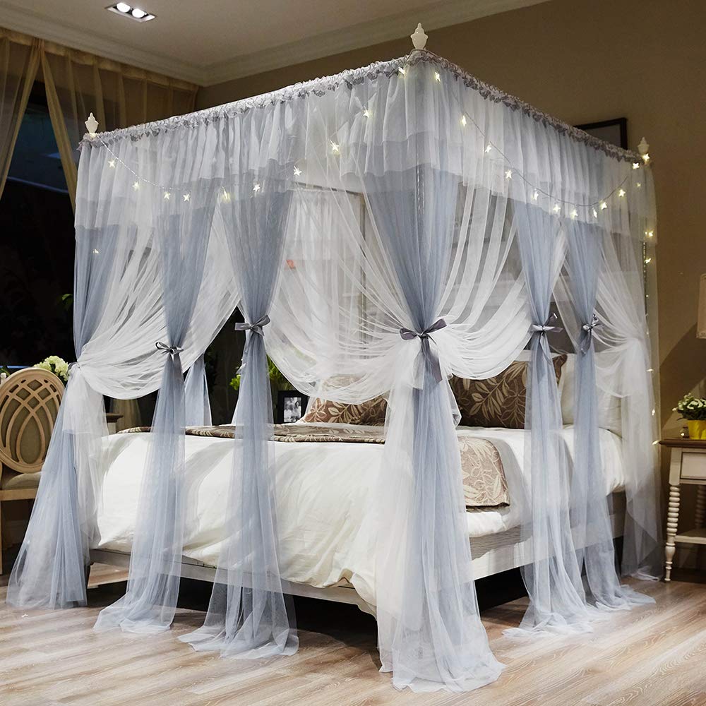 Joyreap 4 Corners Post Canopy Bed Curtains for Girls - Grey & White Cozy Drape Netting - 4 Openings Mosquito Net - Cute Princess Style Bedroom Decoration Accessories (Gray, 59" W x 78" L,Full/Queen)