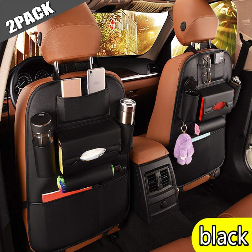 2 Pack PU Leather Premium Car SeatBack Organizer Travel Accessories, Car Seat Back Organizer Seat Protector/Kick mats Back seat Protector and Cup Holder Holder,Universal Use Seat Covers