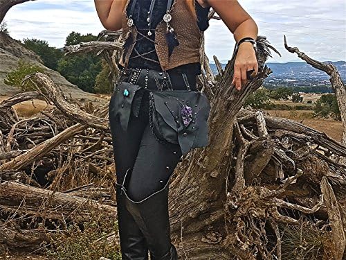 Black leather hip belt bag with a turquoise and a amethyst.