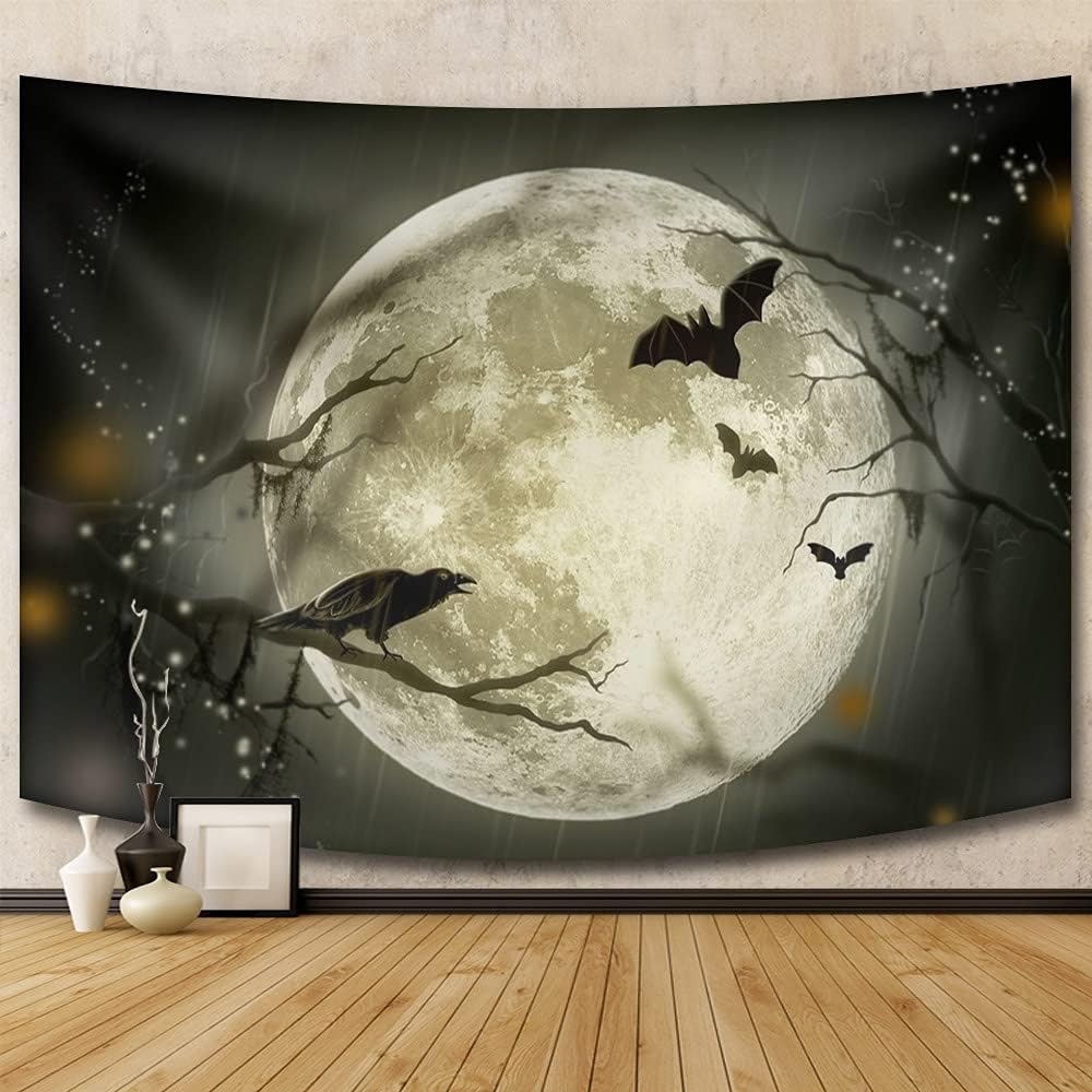 Tapestries - Creepy Halloween Tapestry, Full Moon Night Sky Tapestry Wall Hanging, Black Bat Crow on Withered Branches Tapestry Wall Art for Teen Kids Bedroom Living Room Hippie Party Decor, 60X40 Inches