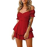 Fixmatti Women Boho Romper Off Shoulder Ruffle Chiffon Shorts Jumpsuit Playsuits