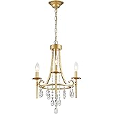 Small Crystal Chandelier, 3-Lights Modern Crystal Chandeliers for Dinning Room, Wagon Wheel Gold Chandelier, Farmhouse Hangin