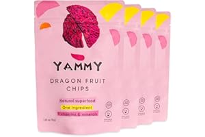 Yammy Dragon Fruit Chips for Drinks Refreshers, Healthy 1 Ingredient Superfood Snack, Crunchy Like Freeze Dried Dragonfruit Chunks, Dehydrated Red Pitaya Pieces, Gluten Free Vegan (1.2oz Pack of 4)