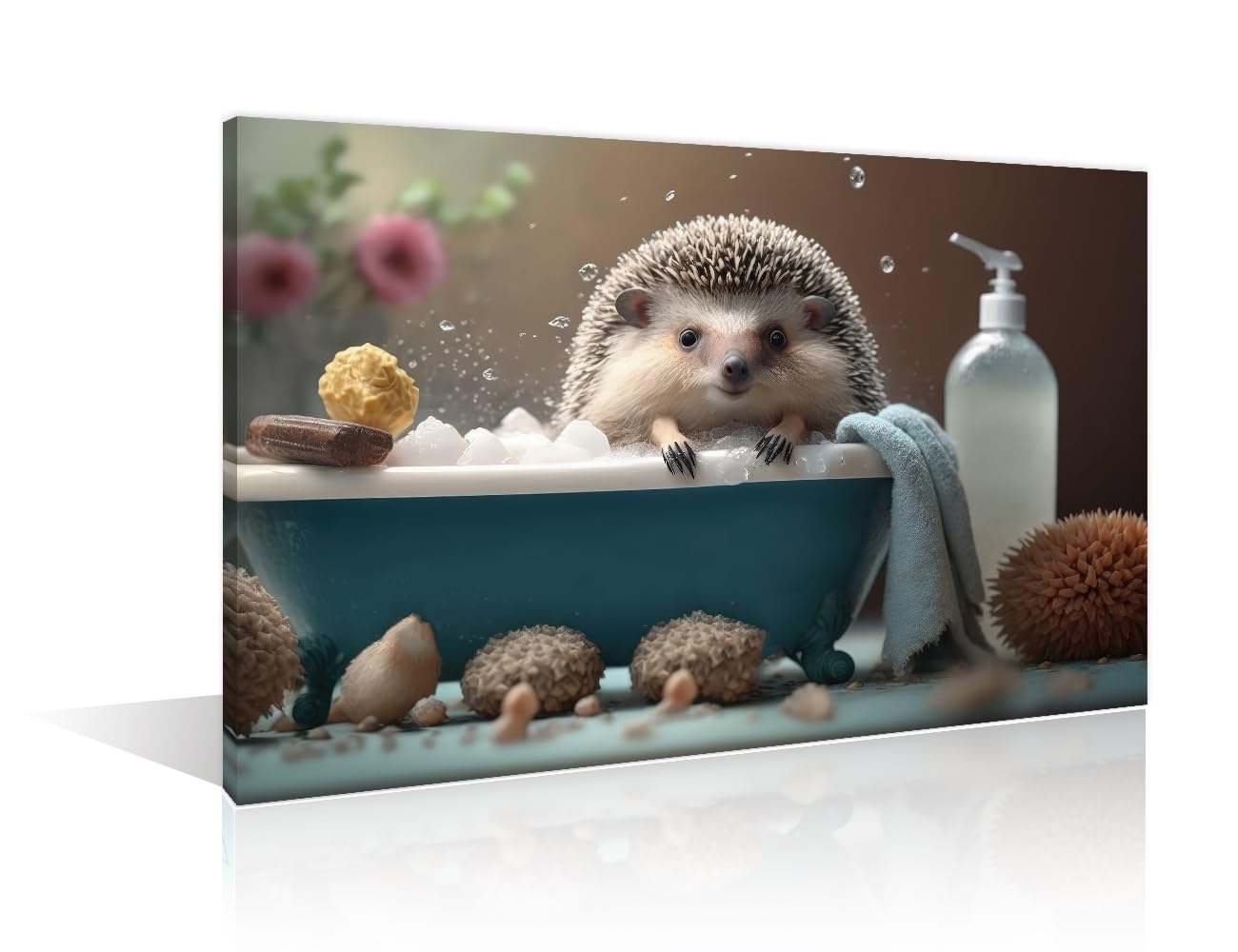 Bathtub Animal Canvas Paintings Bedroom Canvas Wall Art Hedgehog Took a Bath in the Bathtub Wall Art for Bathroom Boho Canvas Pictures Artwork Posters & Prints Framed Ready to Hang (16"Wx24"H)