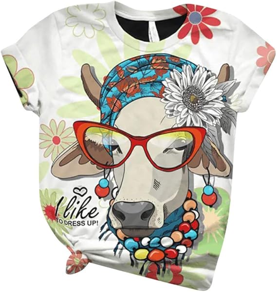 Amazon シャツ Liqiuxiang カラフル 総柄 創造性デザイン 可愛い 牛柄 トップス レディース おしゃれ 半袖 ゆったり 夏 Tシャツ 大きいサイズ カジュアル 快適 夏服 個性 目立つ 上着 普段着 部屋着 パーティー Tシャツ カットソー 通販