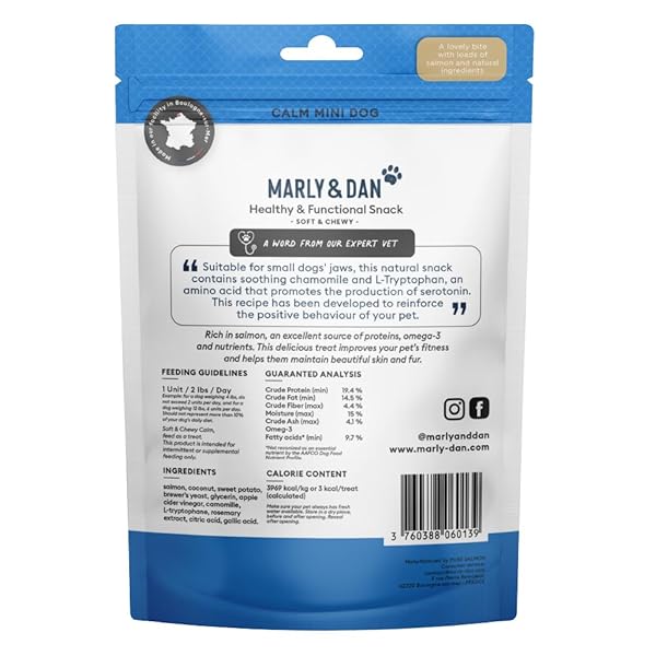 MARLY & DAN SMALL BREED CALMING DOG TREATS FOR SMALL DOGS, FUNCTIONAL MINI DOG TREATS MADE IN FRANCE WITH SALMON, CHAMOMILE, AND SWEET POTATO FOR ANXIETY, STRESS, & RELAXATION, 3.5 OZ BAG