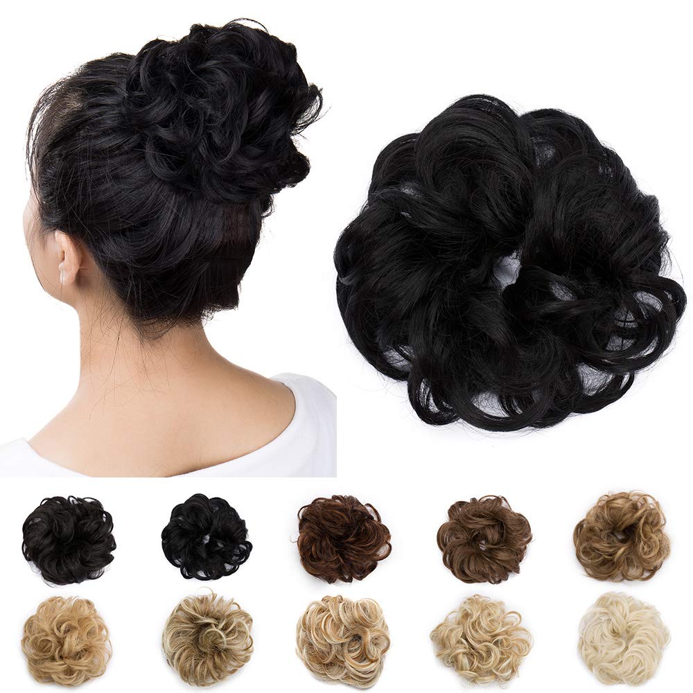 Silk-co Updo Hairpiece Scrunchy Scrunchie Hair Bun 25g Ribbon Ponytail Extensions Wavy Curly Messy Donut Chignons Hair Piece Jet Black