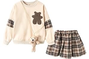 OYOANGLE Girl's 3 Piece Outfits Fall Winter Plaid Skirt Outfits Cute Preppy Sweatshirt Top and Plaid Skirts and Bag Sets