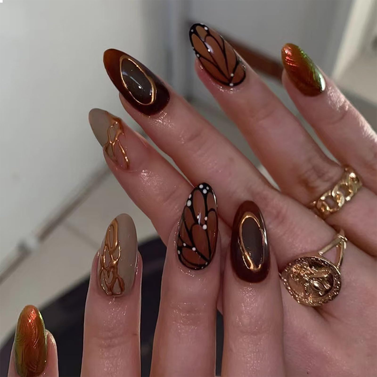 GlamRays 24pcs Autumn Press-On Nails Medium Almond False Nails Brown Press on False Nails With Butterfly and Stripe Design Autumn Nails