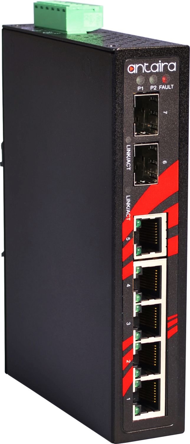 Antaira LNX-0702G-SFP Industrial-Grade 7-Port Unmanaged Gigiabit Ethernet Switch, 2 SFP Slots, DIN-Rail Mount, -10 to 70°C Operating Temperature, Redundant 12 to 48 VDC Power Input