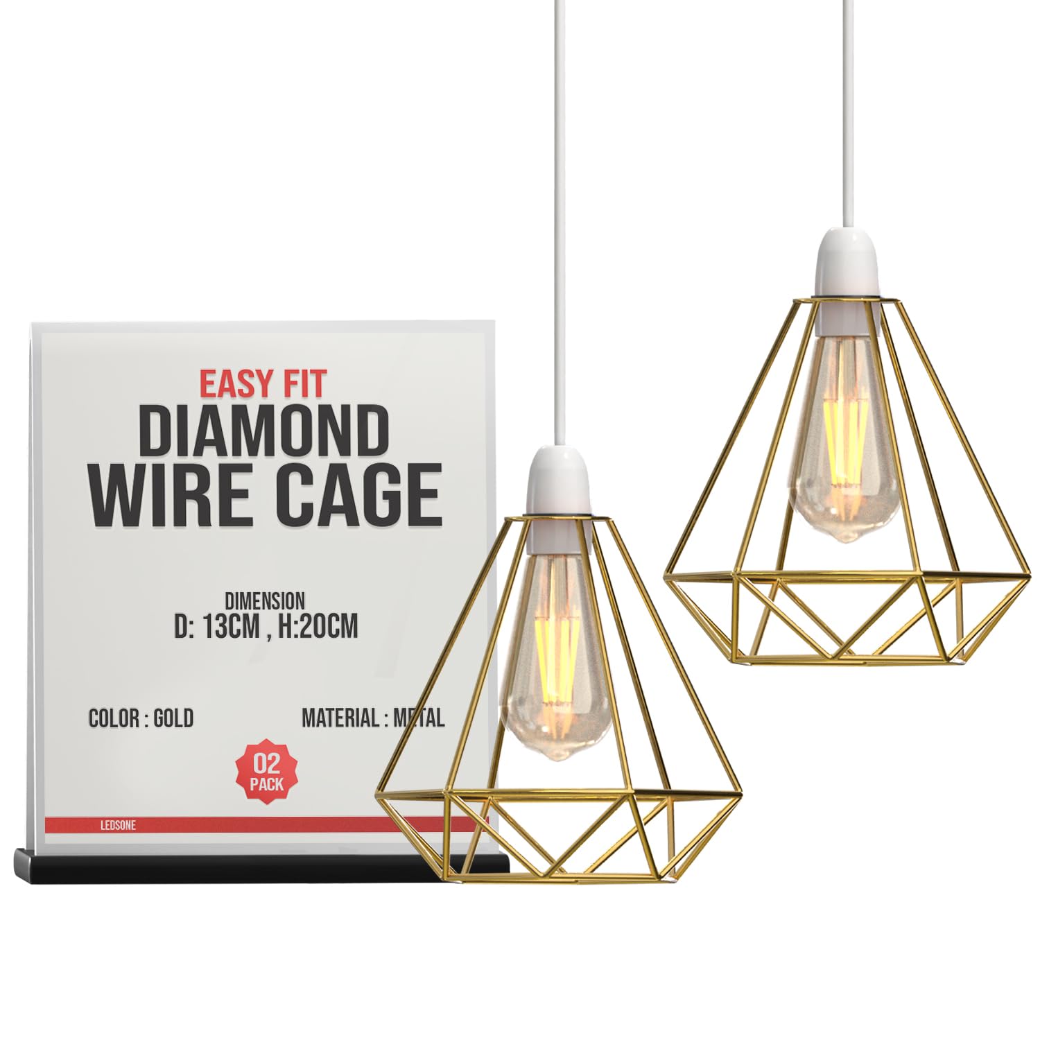 LEDSONE 2-Pack Modern Geometric Diamond Pendant Lampshades - Metal Wire Cage, Gold, 14.5x20cm, Ideal for Living Room, Kitchen, Restaurant, Office