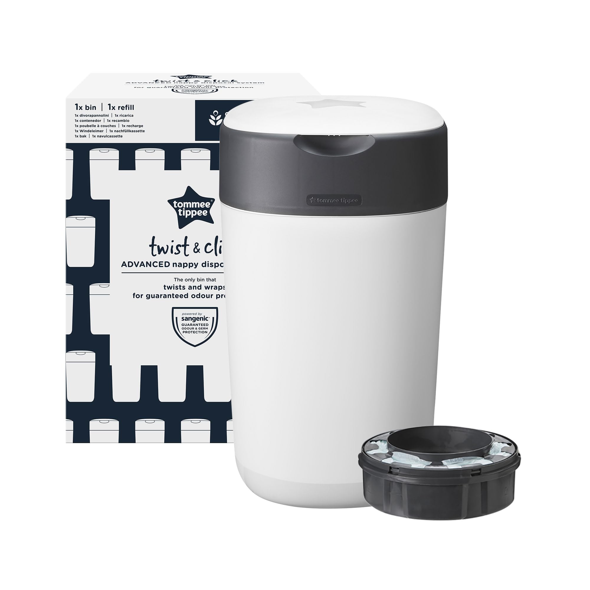 Tommee Tippee Twist and Click Nappy Bin, White, with x1 Refill Cassette, Odour and Germ Protection, Antibacterial Film, 100% Recycled Chassis