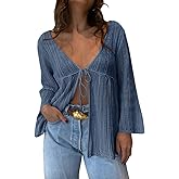 Saodimallsu Womens Summer Lightweight Tie Front Cardigans Crochet Knit Long Bell Sleeve Casual V Neck Beach Cover Ups