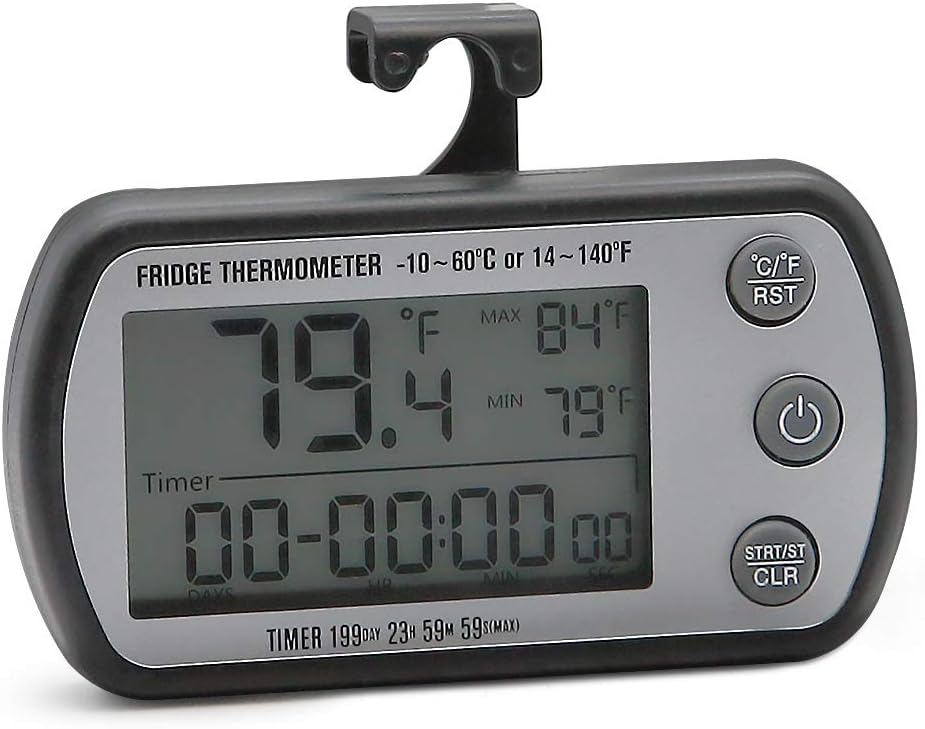 AMTAST Refrigerator Magnet Thermometer with Timer Digital Fridge Freezer Room Temperature Recorder