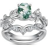 PreKaciouslv Oval Cut Moss Agate Wedding Ring Set for Women, 925 Sterling Silver 1 Carat Green Moss Agate Engagement Bridal Ring Set Nature-Inspired Leaf Design Anniversary Jewelry Gifts for Her